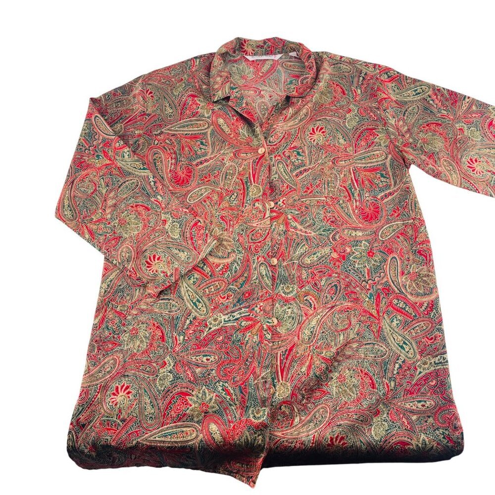 Victorias Secret Paisley Print Button Up Satin Gown Night Shirt Womens‎ Large